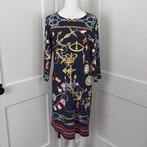 Talbots Dress Womens LP Navy Nautical Print Shift 3/4 Sleeve Stretch Petite